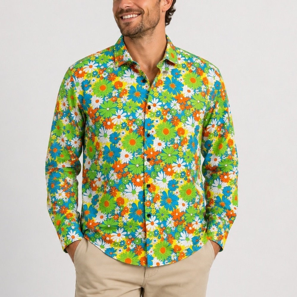 JOGAL Flower Power Daisy Print Festival Long Sleeve Button Up Men's XL Retro EUC